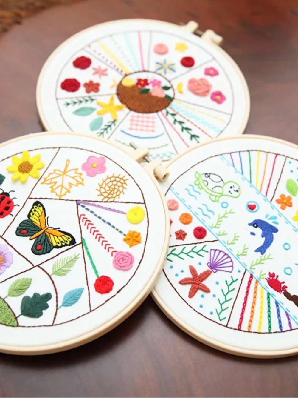 Hand Made Embroidery Hoop Kit with Floral Designs - White Fabric